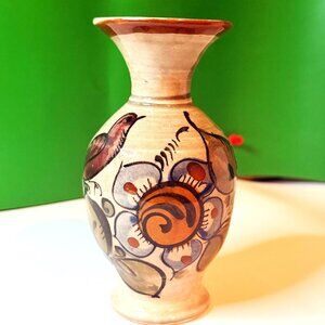 VTG Hand Painted Bird Floral Studio Pottery Bud Vase 5" Rustic Folk Art Earthy